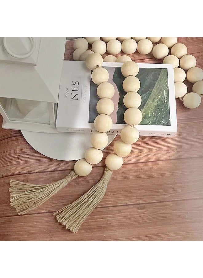 OMISHE 76" Long Extra Large Wood Bead Garland with 1.6" Diameter Wooden Beads and Tassels, Rustic Farmhouse Country Decorative Beads for Home Tiered Tray Decor, Natural Beige - Image 3